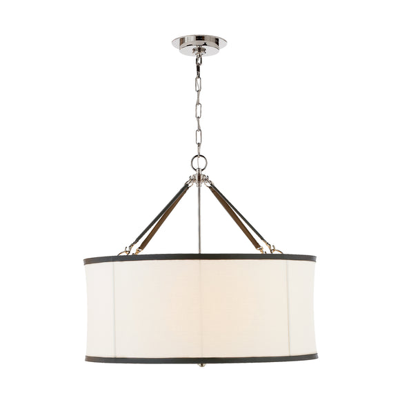 visual comfort broomfield large pendant in polished nickel and chocolate leather with linen shade chandeliers 